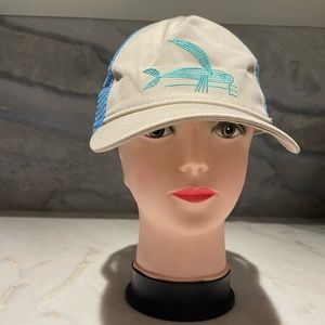 Patagonia baseball cap tan white and teal in color